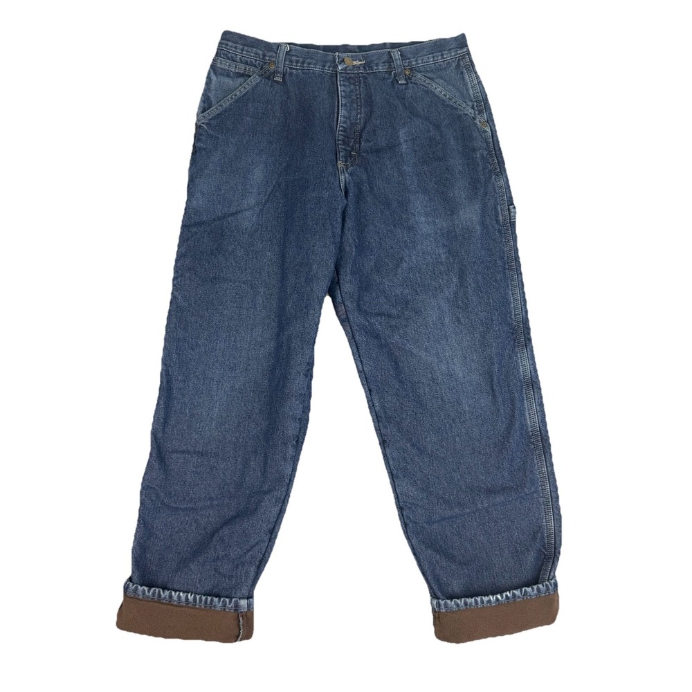 Wrangler Carpenter Blue Denim Brown Fleece Lined Work Jeans 32x32